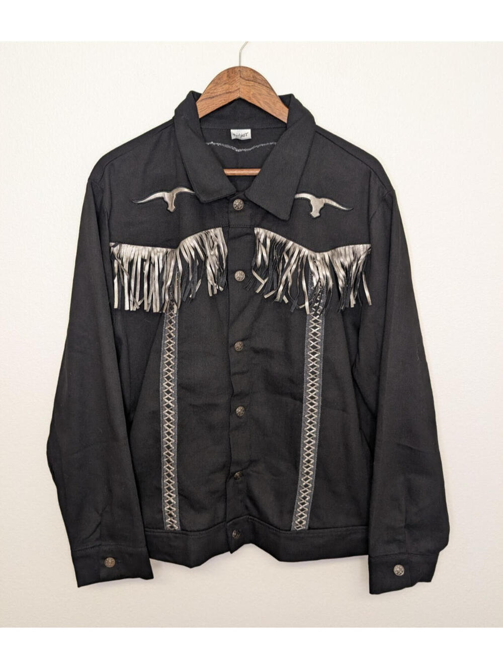 Spirit Halloween Western Costume Jacket Faux Leather Fringe XL Unisex Silver Cow